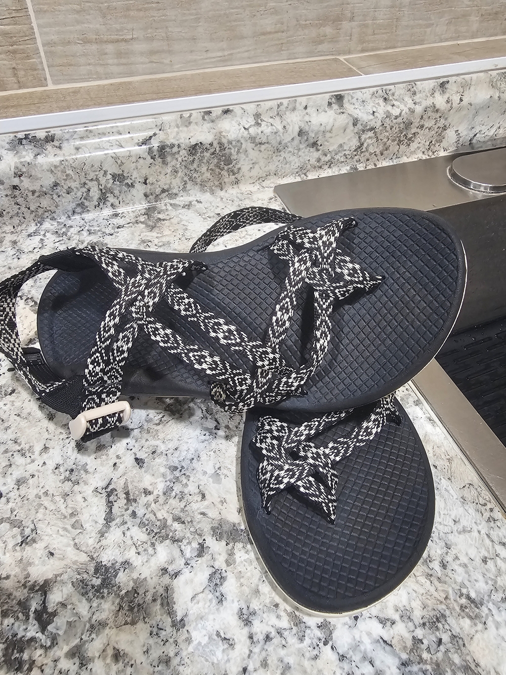 Chaco Black and White Patterned Strap Sandals